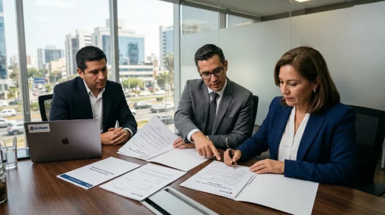 Asesores corporativos de XCB revisando y firmando la declaración de beneficiario final SUNAT 2026 en sala de reuniones.