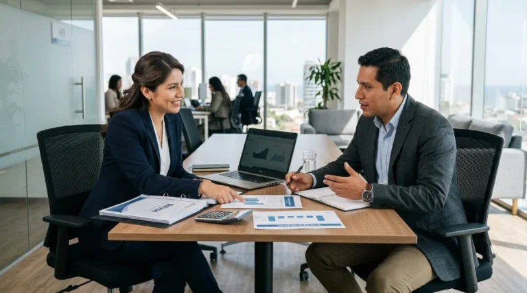 Dos profesionales, mujer y hombre, colaborando sobre documentos de gestión laboral e igualdad salarial en una oficina de Lima.