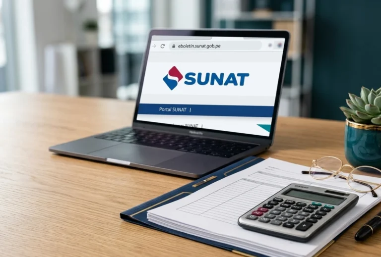 Escritorio de trabajo contable con calculadora y laptop abierta mostrando la interfaz del SIRE SUNAT 2026 para el registro de ventas y compras electrónicas.